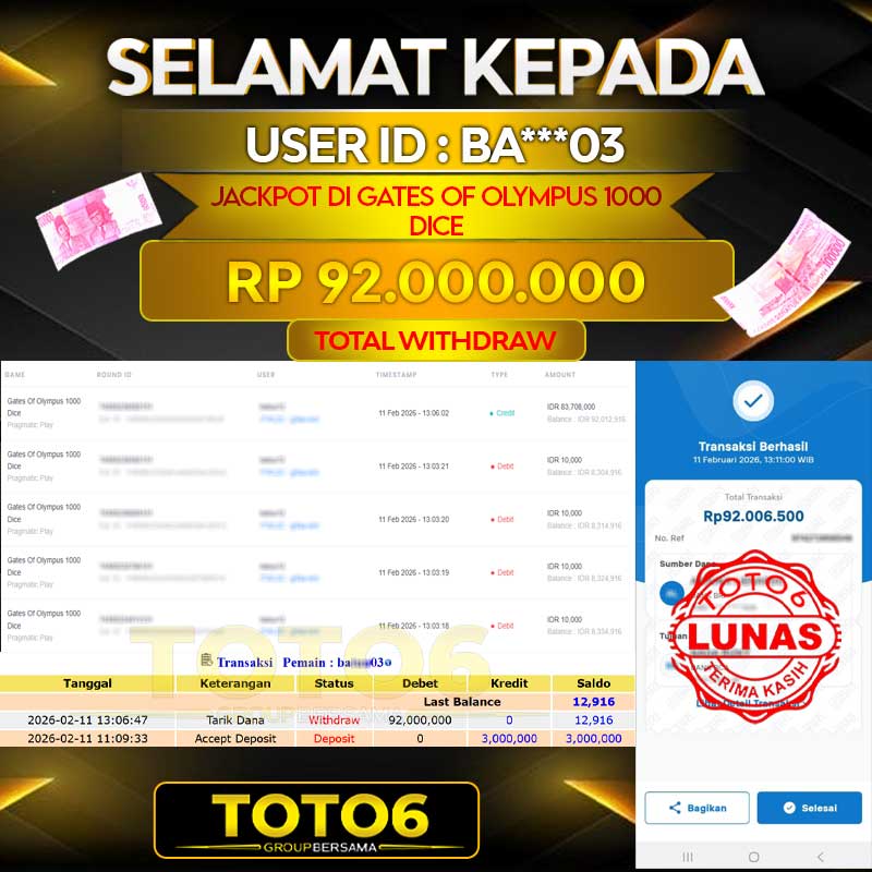 BUKTI JACKPOT ID : BA***03 DI TOTO6